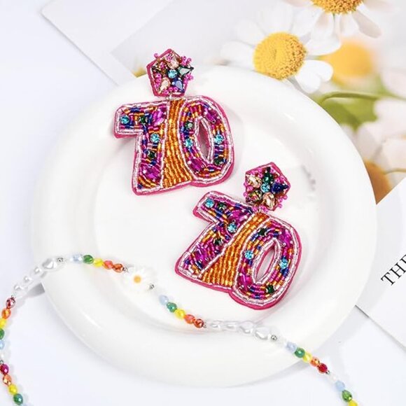 Women’s 70th Birthday Large Beaded Dangle Statement Earrings (NEW & SO CUTE!) - Picture 5 of 7